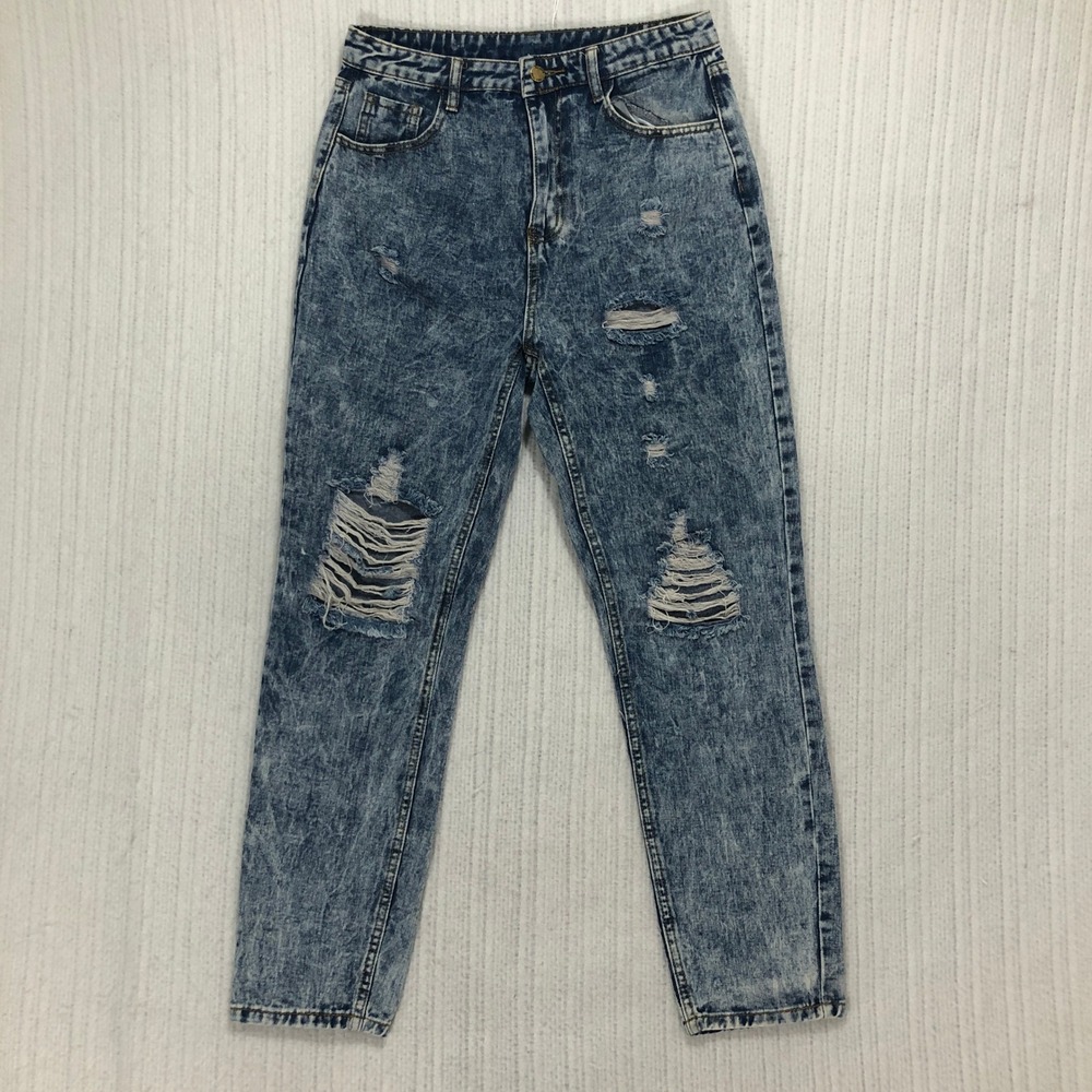 Womens Acid Wash‎ Distressed Ripped Mom Jeans High Waisted Denim Pants